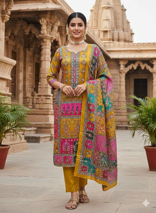 Mustard Color Chinon Fabric Designer Printed Ethnic Ceremonial Suit