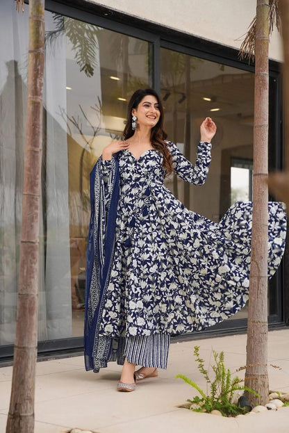 Blue Color Muslin Fabric Designer Digital Printed Palazzo Suit
