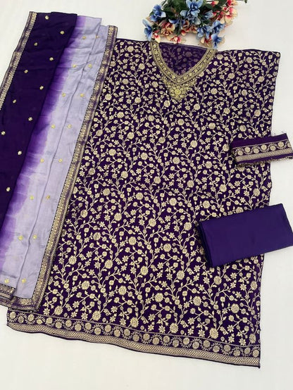 Indigo Dola Silk Semi stitched Wedding Suits