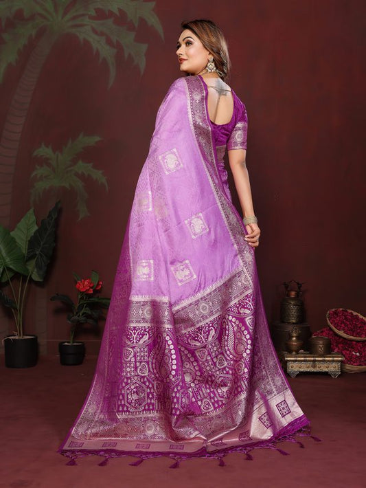 Lavender Color Satin Silk Fabric Woven Jari Designer Graceful Partywear Saree