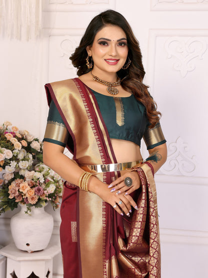 Brown Soft Silk With Zari Weaving Borders Saree With Blouse