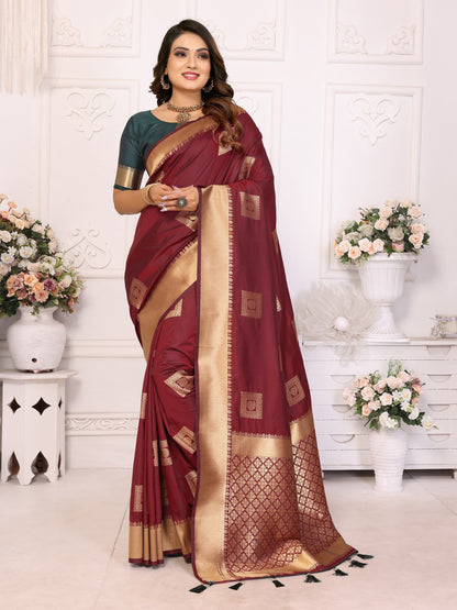 Brown Soft Silk With Zari Weaving Borders Saree With Blouse