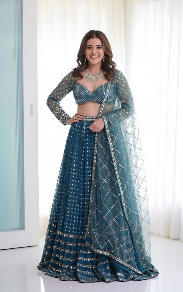 Embroidered Wedding Lehenga Set for Women HKV-003380 BLUE