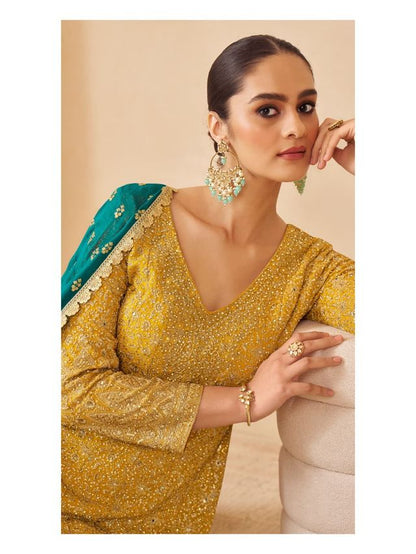 Yellow pure geogette full stitched suit Free Size upto 42