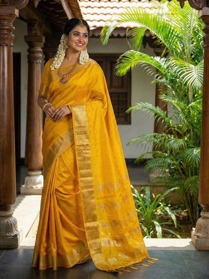Yellow Color Soft Silk Fabric Woven Designer Saree For Ethnic Looks