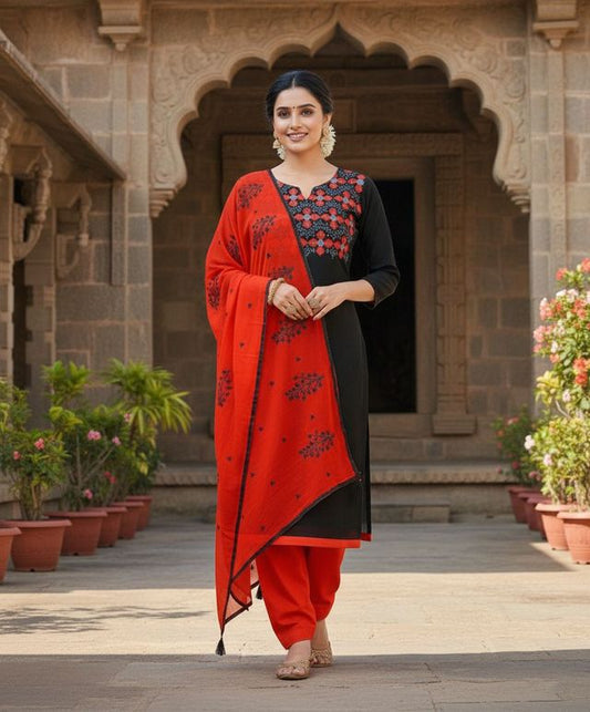 Red Color Cotton Slub Fabric Designer Casual Suit With Embroidery