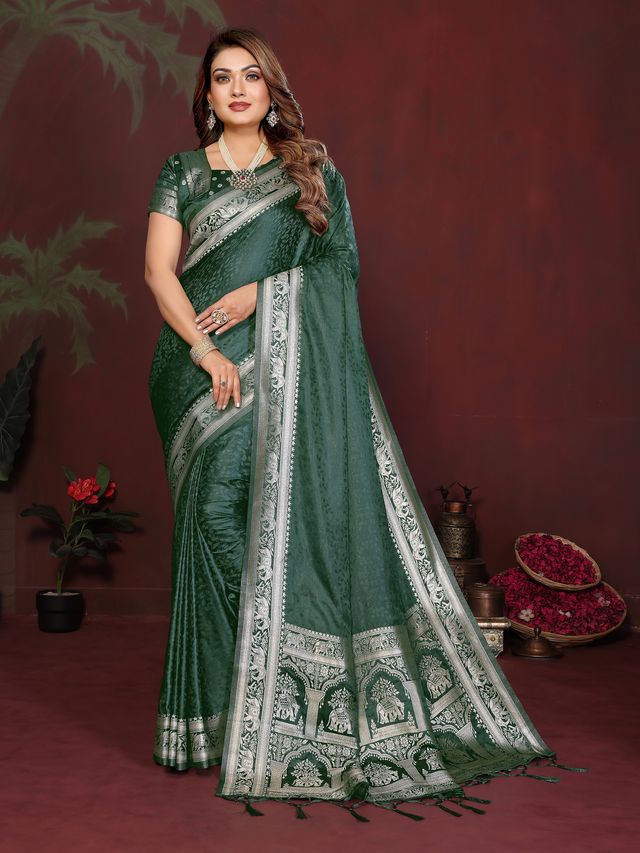 Green Color Satin Silk Fabric Woven Jari Designer Sophisticated Saree