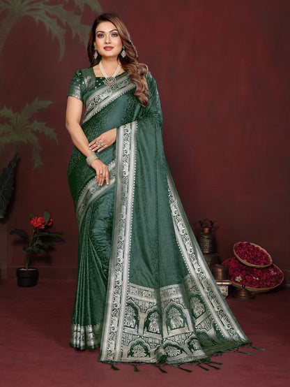 Green Color Satin Silk Fabric Woven Jari Designer Sophisticated Saree