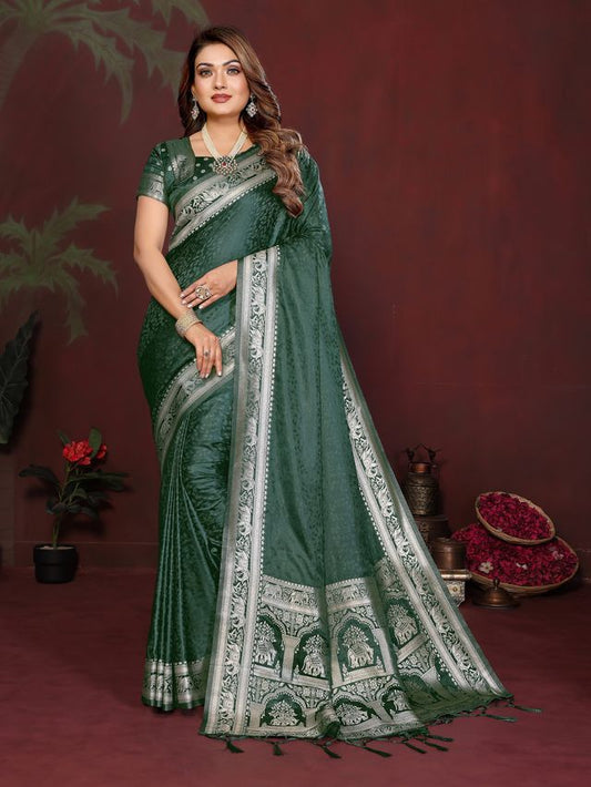 Green Color Satin Silk Fabric Woven Jari Designer Sophisticated Saree