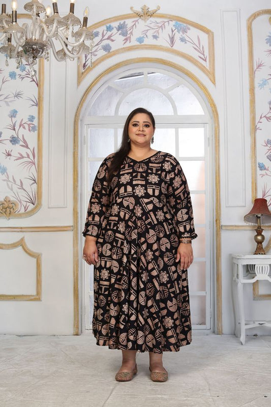 Black Color Rayon Fabric Designer Printed Plus Size Kurta For Girls