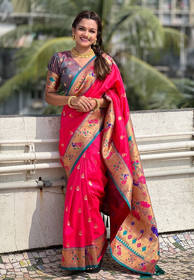 Pink Color Soft Silk Fabric Woven Meenakari Designer Ethnic Partywear Saree