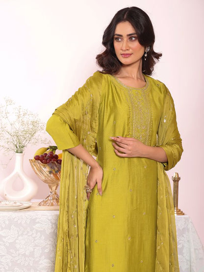 Green Color Poly Silk Fabric Smart Ethnic Partywear Kurta Set