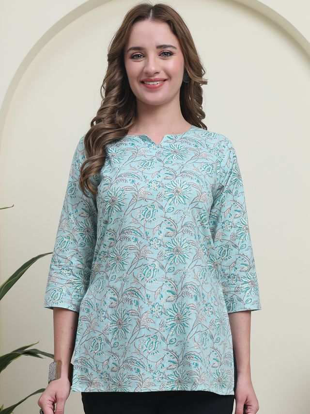 Teal Color Cambric Cotton Fabric Designer Printed Formal Short Kurta