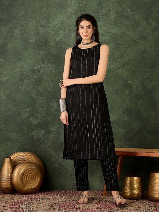 Black Color Cotton Silk Blend Beautiful Stylish Tendy Top Bottom Set