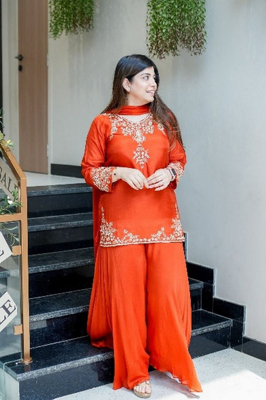 Orange Color Natural Crepe Fabric Beautiful Partywear Dress For Girls