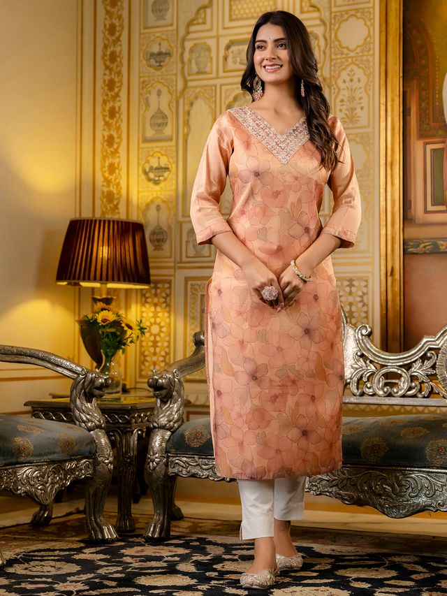 Peach Color Beautiful Silk Blend Fabric Sophisticated Kurta For Girls