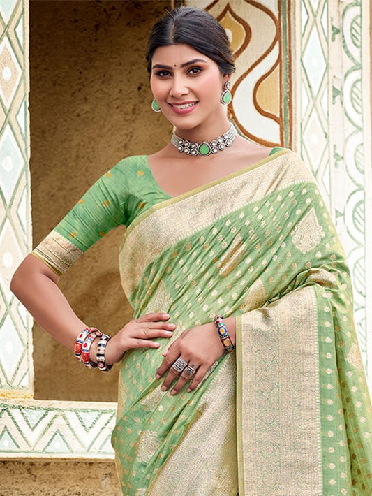 Sea Green Color Assam Silk Fabric Woven Designer Saree For Party Looks