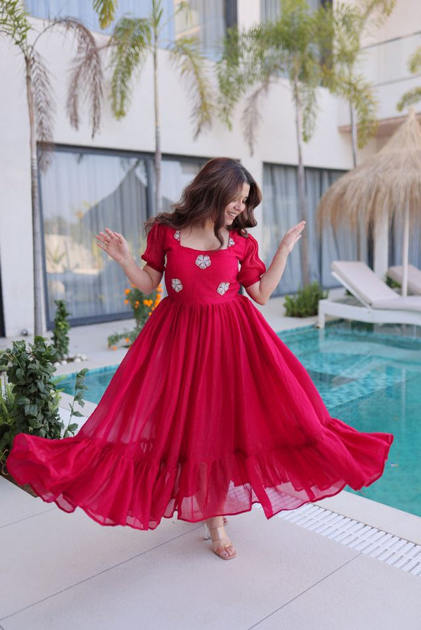 Pink Color Beautiful Ceremonial Fendy Silk Fabric Gown For Party Looks