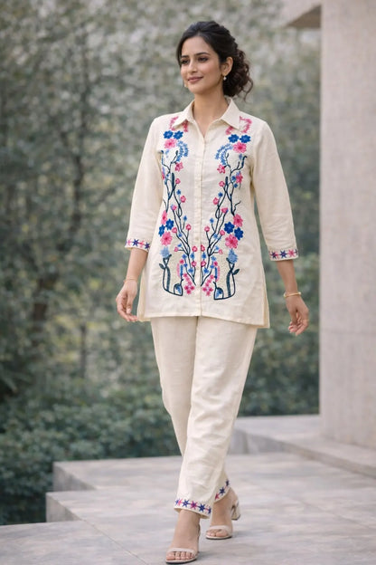 Luxury Botanical Embroidery Cotton Linen Set