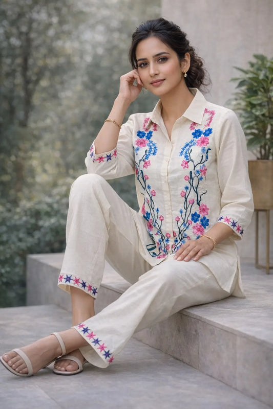 Luxury Botanical Embroidery Cotton Linen Set