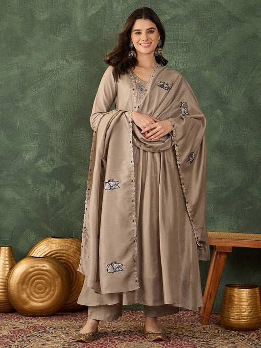 Chiku Color Vichitra Silk Fabric Designer Embroidery Work Graceful Partywear Suit