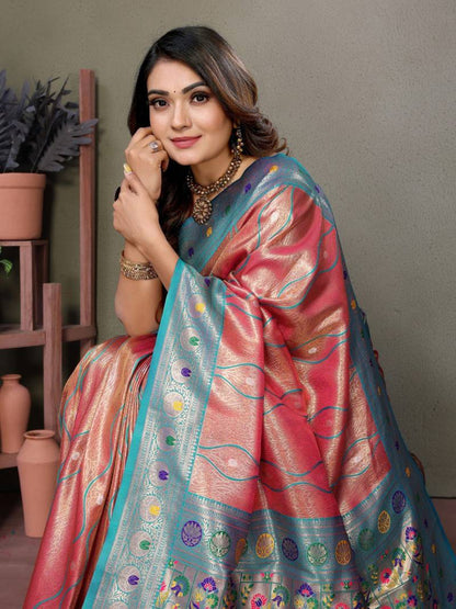 Coral Pure Banarasi Tissue Silk With Leheriya Weaving Saree With Blouse