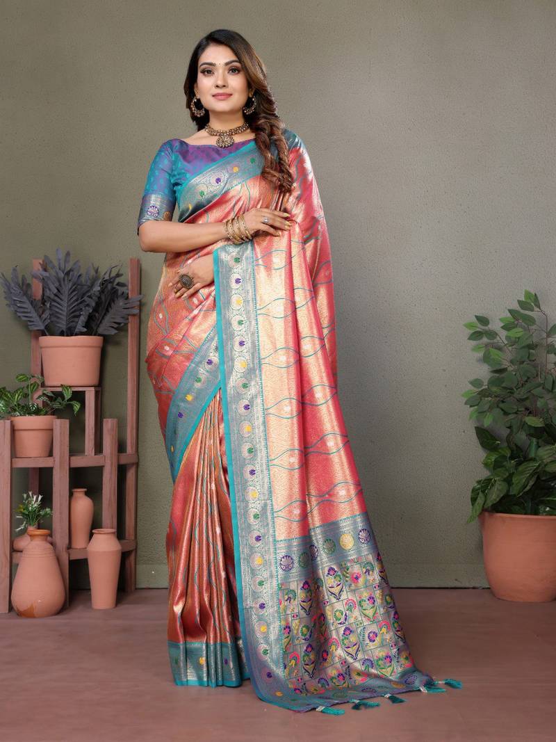 Coral Pure Banarasi Tissue Silk With Leheriya Weaving Saree With Blouse