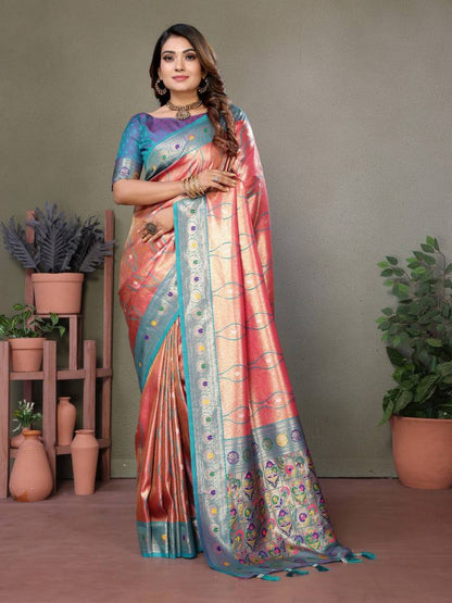 Coral Pure Banarasi Tissue Silk With Leheriya Weaving Saree With Blouse