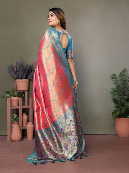Coral Pure Banarasi Tissue Silk With Leheriya Weaving Saree With Blouse