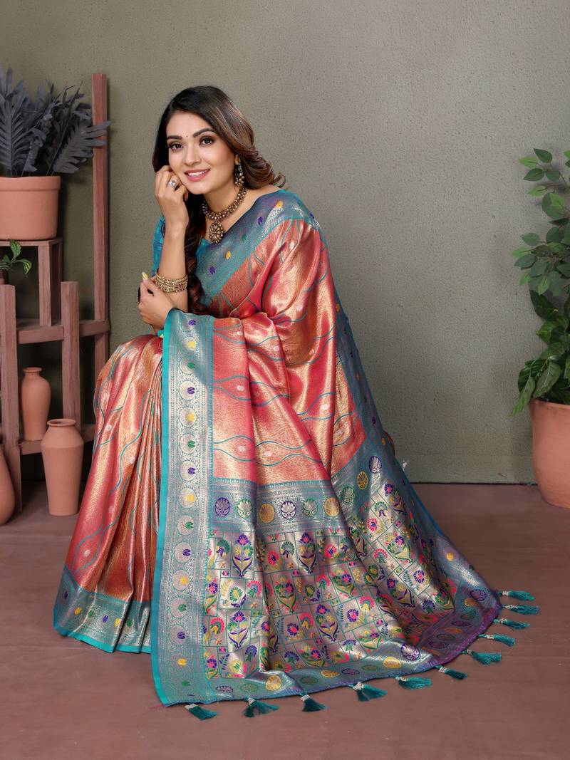 Coral Pure Banarasi Tissue Silk With Leheriya Weaving Saree With Blouse