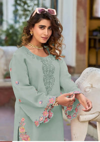 Sea Green Embroidered and Viscose Thread work Cotton Semi Stitched Salwar Suit