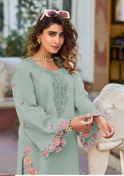 Sea Green Embroidered and Viscose Thread work Cotton Semi Stitched Salwar Suit