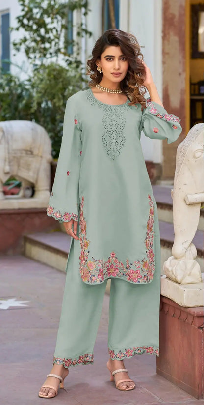 Sea Green Embroidered and Viscose Thread work Cotton Semi Stitched Salwar Suit