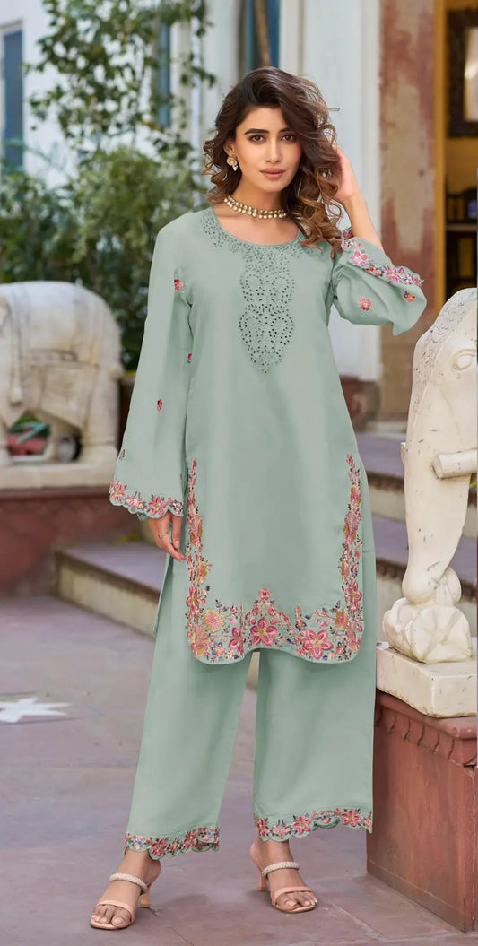 Sea Green Embroidered and Viscose Thread work Cotton Semi Stitched Salwar Suit