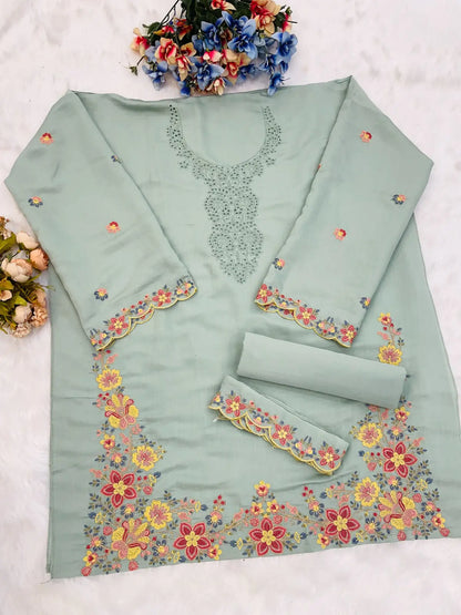 Sea Green Embroidered and Viscose Thread work Cotton Semi Stitched Salwar Suit