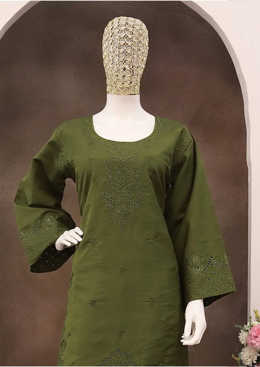 Mehendi Embroidery and Thread Work Cotton Semi Stitched Salwar Suit
