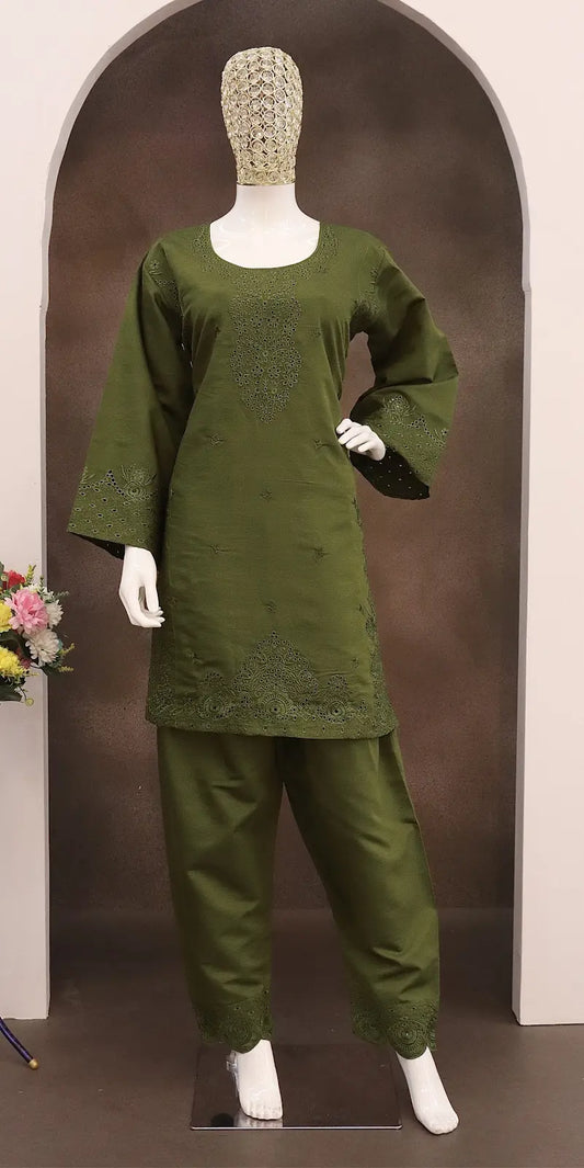 Mehendi Embroidery and Thread Work Cotton Semi Stitched Salwar Suit