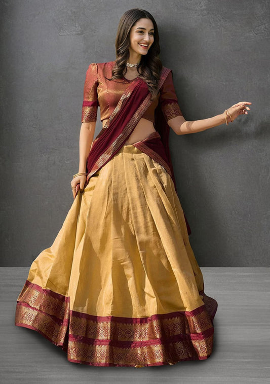 Cream South-style Kanchipuram silk lehenga With Unstitched Blouse & Dupatta
