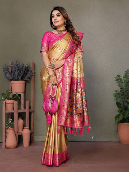 Cream Pure Banarasi Tissue Silk With Leheriya Weaving Saree With Blouse