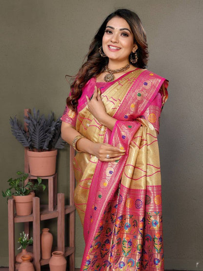 Cream Pure Banarasi Tissue Silk With Leheriya Weaving Saree With Blouse