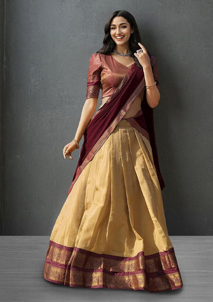 Cream South-style Kanchipuram silk lehenga With Unstitched Blouse & Dupatta