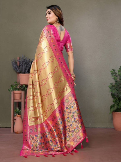 Cream Pure Banarasi Tissue Silk With Leheriya Weaving Saree With Blouse
