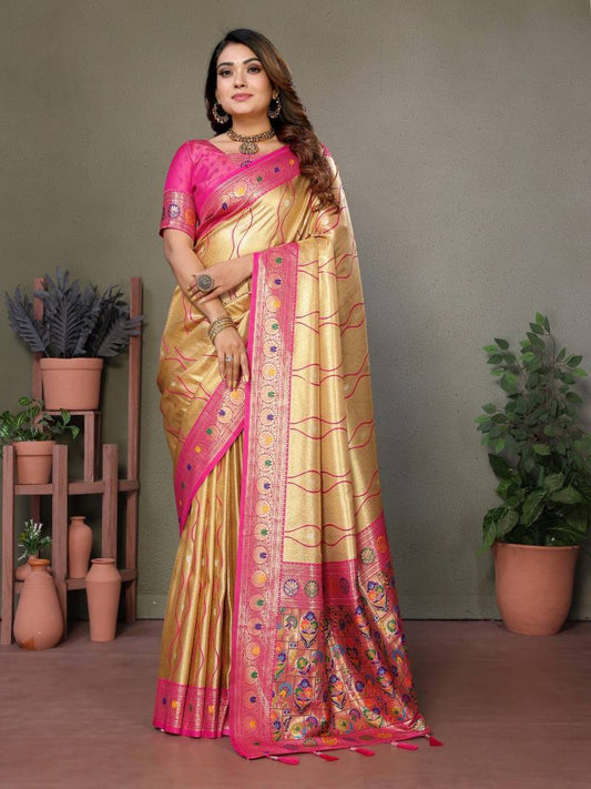Cream Pure Banarasi Tissue Silk With Leheriya Weaving Saree With Blouse