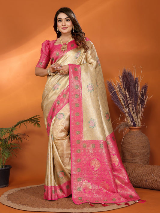 Cream Banarasi Tissue Silk Saree With Weaving Work