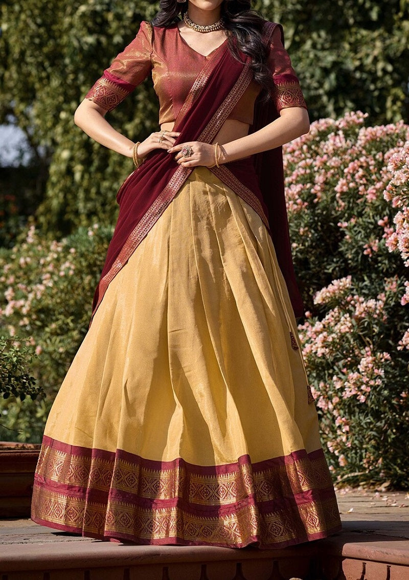 Cream South-style Kanchipuram silk lehenga With Unstitched Blouse & Dupatta