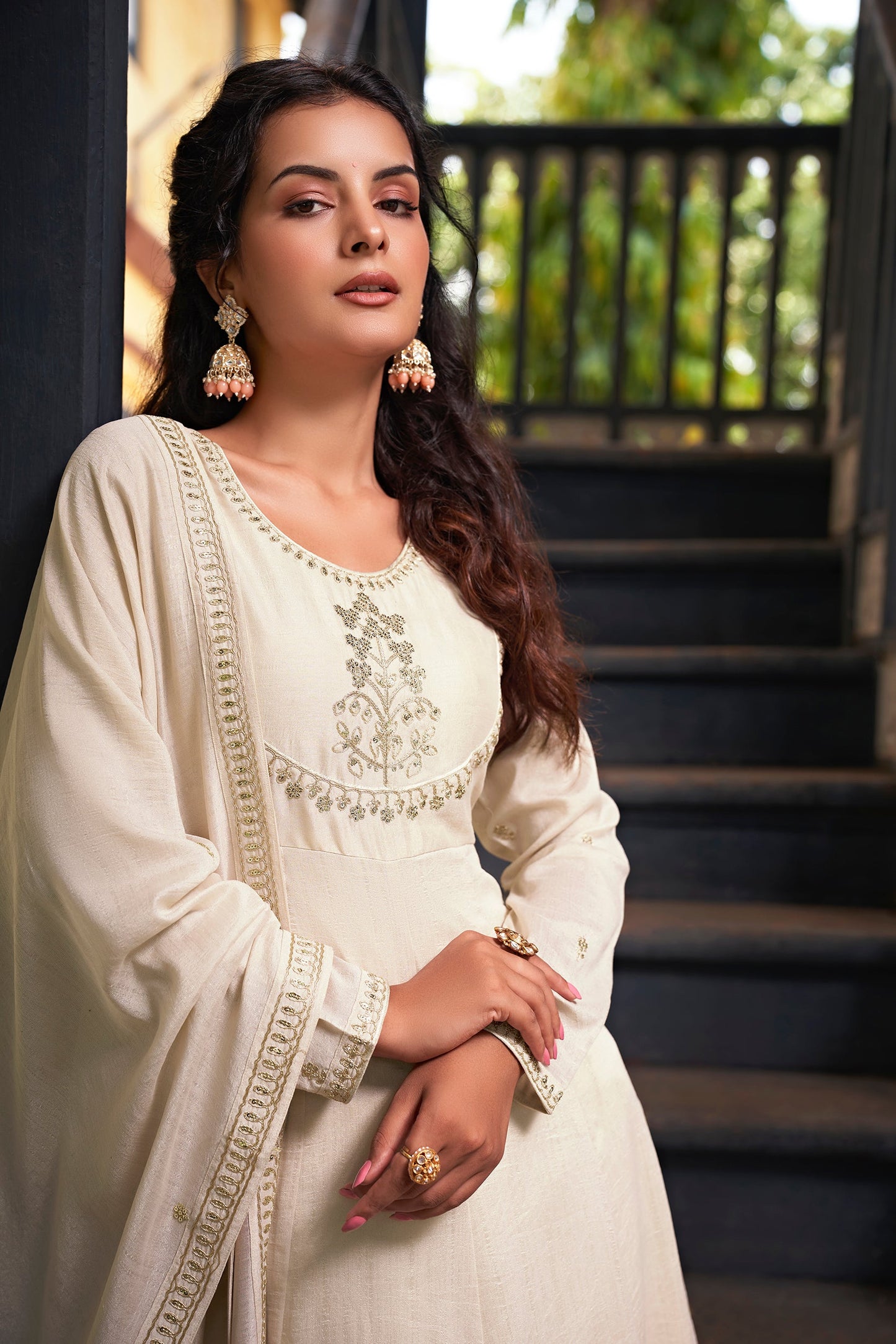 Women's Beautiful Vichitra Silk Fabric Embroidery Work Flared Anarkali Pant and Dupatta Set 06