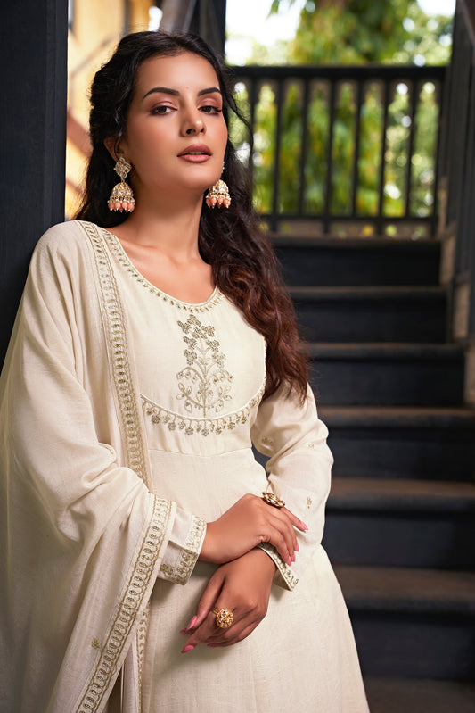 Women's Beautiful Vichitra Silk Fabric Embroidery Work Flared Anarkali Pant and Dupatta Set 06