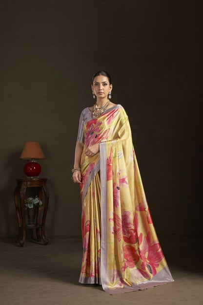 Yellow Color Stylish Digital Printed Silk Crepe Fabric Saree For Trendy Looks