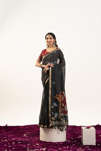 Black Color Muga Cotton Fabric Rajwadi Weaving Designer Ethnic Classic Saree