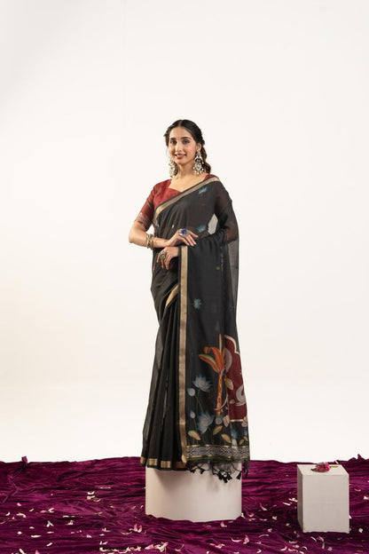 Black Color Muga Cotton Fabric Rajwadi Weaving Designer Ethnic Classic Saree
